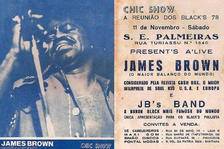 Cartaz do baile Chic Show que recebeu o cantor James Brown em SP, em 1978