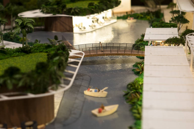 As áreas comuns do empreendimento estão representadas com humanização completa, incluindo obras de arte, adornos, mobiliários, escadas rolantes e equipamentos