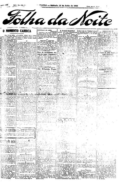 Primeira Página da Folha da Noite de 21 de julho de 1923