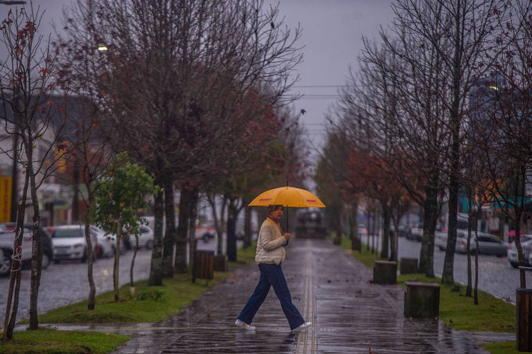 foto mostra pedestre usando roupas de frio e guarda-chuva, caminhando por rua molhada. está nublado e chovendo