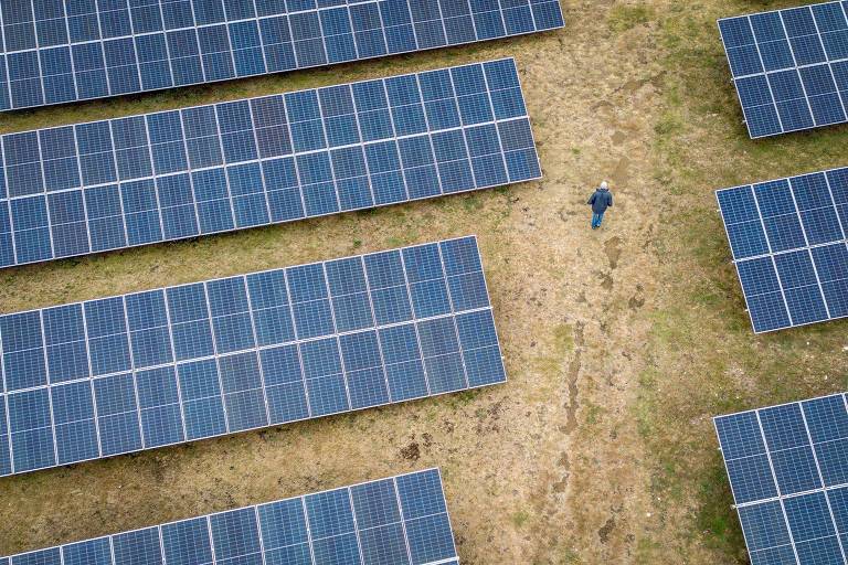 Homem caminha em meio a painéis solares em fazenda