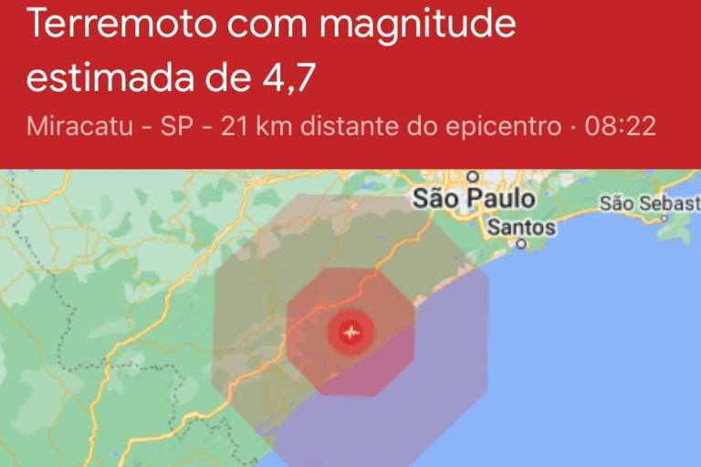 Google emitiu um alerta de terremoto com magnitude estimada de 4,7 para a cidade de Miracatu