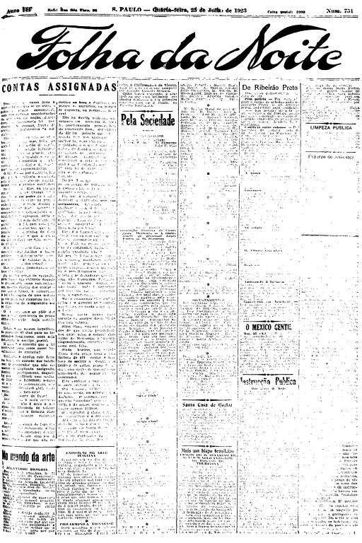 Primeira Página da Folha da Noite de 25 de julho de 1923