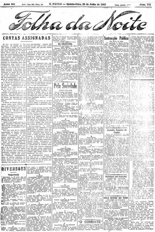 Primeira Página da Folha da Noite de 26 julho de 1923