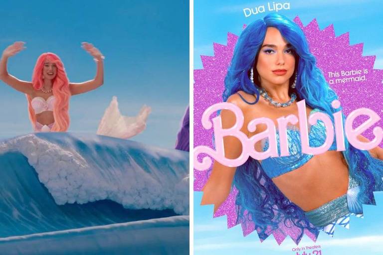 Montagem mostra cena de teaser com mulher branca vestida de sereia usando peruca rosa. No outro lado, o pôster do filme da Barbie mostra a mesma mulher de peruca azul, vestida também de sereia.
