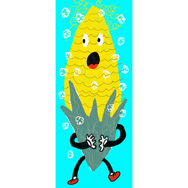 Ilustração de uma espiga de milho amarela assustada com pipocas estouradas ao redor dela. O fundo é azul.