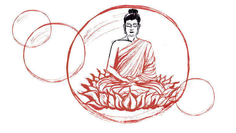 Sidarta Gautama, que viria a ser chamado de Budah, medita sentado sobre uma flor de lótus dentro de uma bolha, que o privou de todos os males na juventude.
