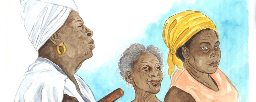 Na pintura, três mulheres negras aparecem lado a lado.