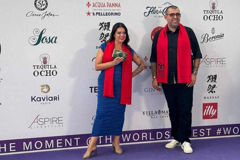Janaína Torres Rueda e Jefferson Rueda, chefs do restaurante A Casa do Porco, em evento do 50 Best, na Espanha