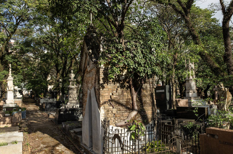 Jazigo em ruínas no cemitério da Consolação figura entre mausoléus de importantes nomes da história brasileira
