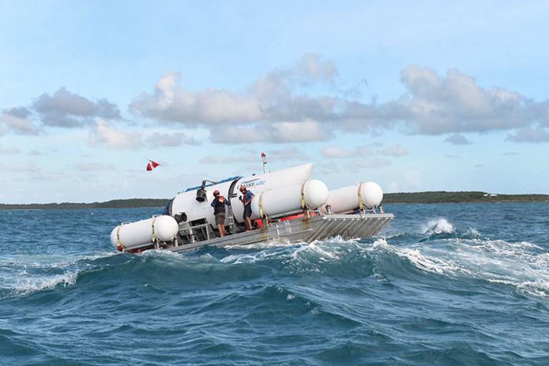 Titan, submersível operado pela empresa OceanGate que desapareceu no oceano Atlântico com cinco pessoas a bordo durante uma de suas expedições para observar os destroços do Titanic