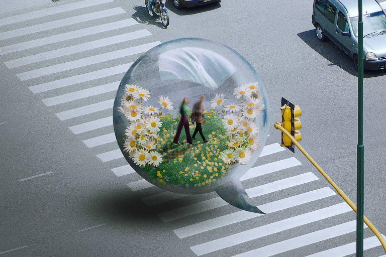 Ilustração de duas pessoas atravessando uma faixa de pedestres dentro de uma bolha com flores e mato dentro