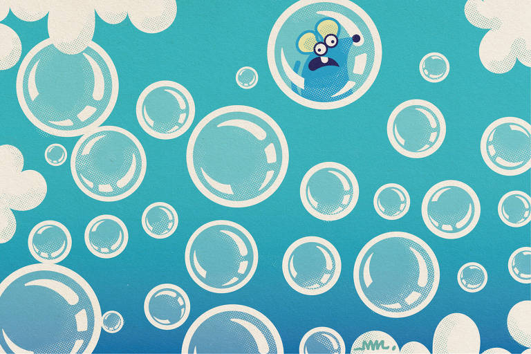 Na ilustração de Marcelo Martinez, bolhas de sabão flutuam. Em uma delas está o ratinho do Castelo Rá-Tim-Bum.