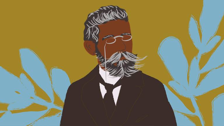 A ilustração tem o fundo de tom verde e ao centro está a figura de Machado de Assis, ele tem cabelos e barba grisalhos, usa camisa branca, gravata, terno e um par de óculos, estilo pince-nez, sem hastes laterais