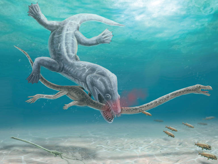 Representação artística de um predador atacando e decapitando um réptil marinho de pescoço longo Tanystropheus hydroides durante o período Triássico