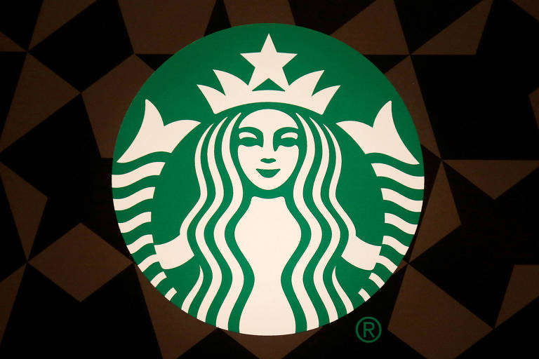 Logo do Starbucks, com desenho estilizado de mulher com uma coroa de estrela, em branco e verde.