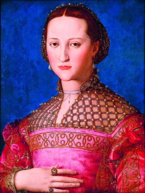 pintura de mulher nobre ruiva com vestido rosa sobre fundo azul