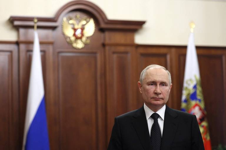 O presidente russo, Vladimir Putin, após discurso sobre as ações do grupo mercenário Wagner, em Moscou 