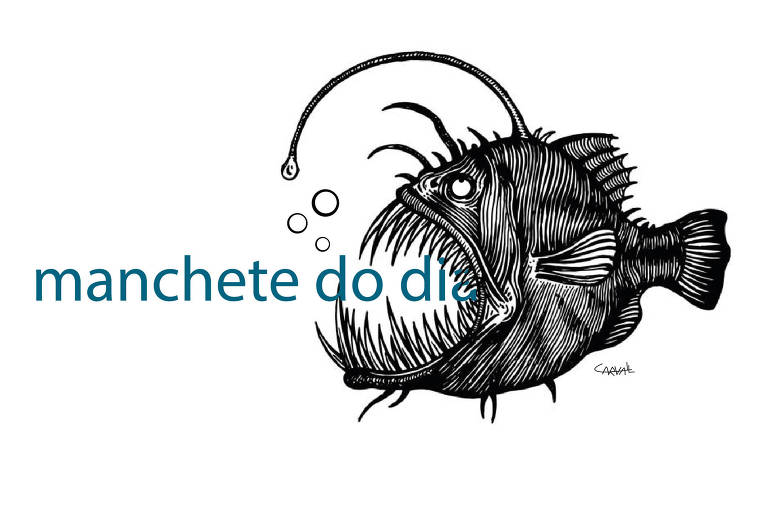 Um peixe horrendo do fundo do mar, desenhado em preto e branco, engolindo os dizeres: "manchete do dia" em azul. O fundo é branco.