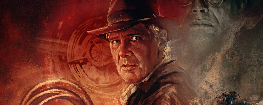 Harrison Ford em cartaz do filme 'Indiana Jones e a Relíquia do Destino', de James Mangold