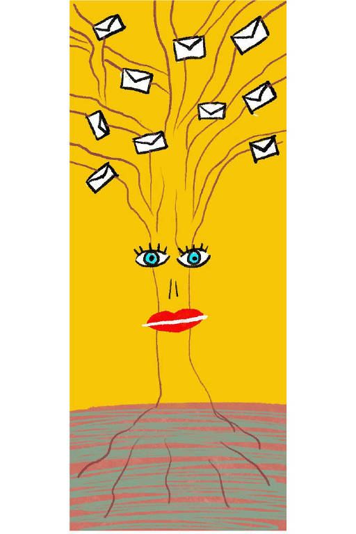 Ilustração mostra tronco de árvore com olhos, nariz e boca e, em seus galhos, envelopes de carta