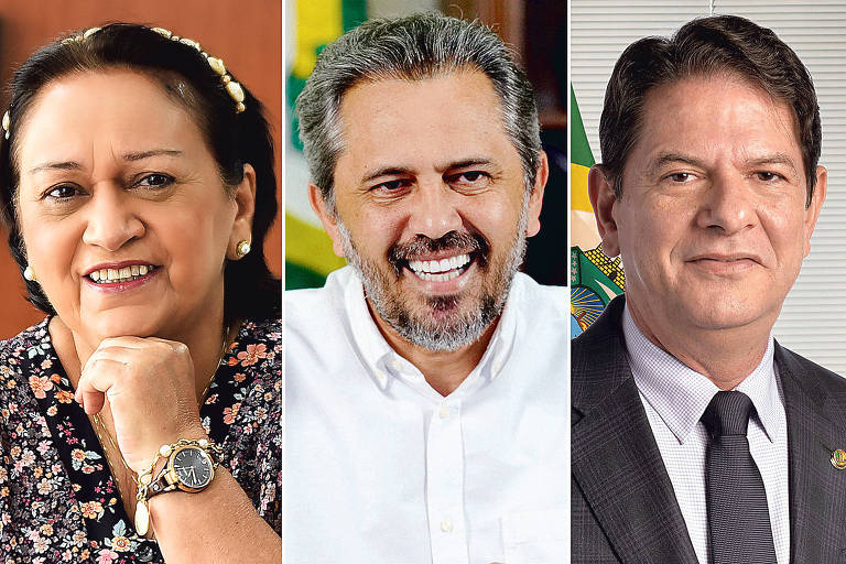 A imagem é uma montagem que mostra o rosto da governadora do Rio Grande do Norte, Fátima Bezerra, do governador do Ceará, Elmano de Freitas e do senador Cid Gomes