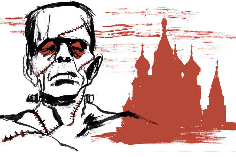 Em primeiro plano a imagem do monstro de Frankenstein, na versão do filme de 1931, tendo ao fundo a silhueta do Kremlin, sede do poder russo