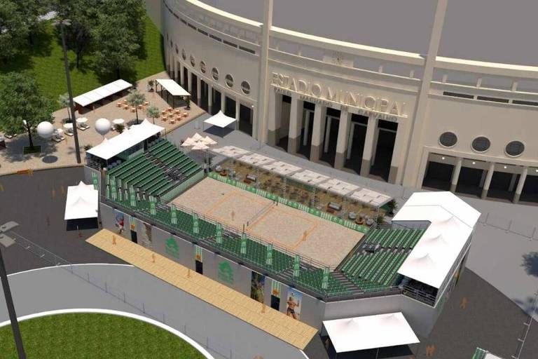 desenho digital mostra projeto de quadra de areia em frente ao estádio do pacaembu