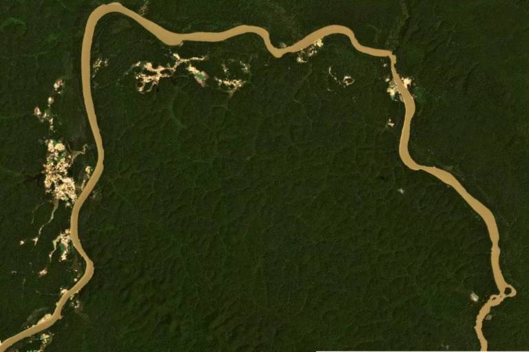 Imagem de satélite do rio Uraricoera na terra indígena Yanomami em janeiro de 2023 mostra o rio Uraricoera com cor marrom claro, causada pelo barro dos garimpos