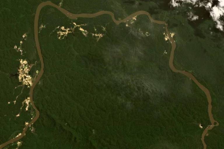 Imagem de satélite do rio Uraricoera na terra indígena Yanomami em janeiro de 2023 mostra o rio Uraricoera com cor marrom escuro, que indica a recuperação das águas com o combate ao garimpo