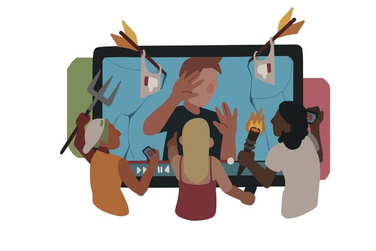 A ilustração mostra uma tela de computador com rachaduras e flechas, um homem aparece dentro da tela; do lado de fora estão outras três pessoas que atacam a tela com o homem, elas seguram tochas, pedras e tridentes, como se linchassem o homem na tela