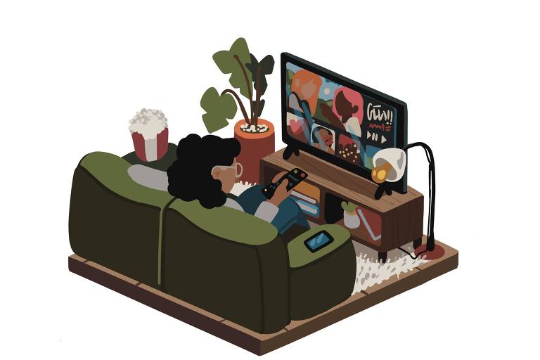 Ilustração de menina sentada em sofá assistindo televisão