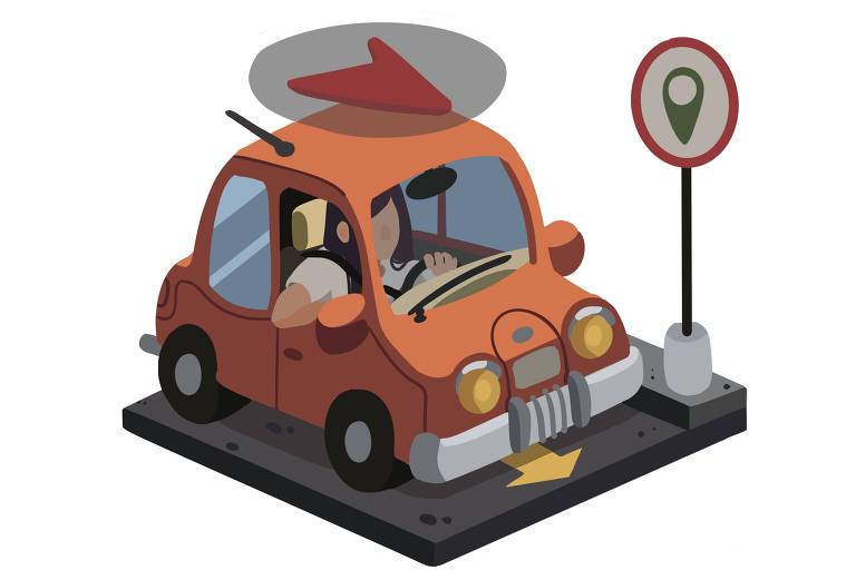 A ilustração mostra um carro, na cor laranja, em cima do carro aparece uma seta característica dos aplicativos de GPS