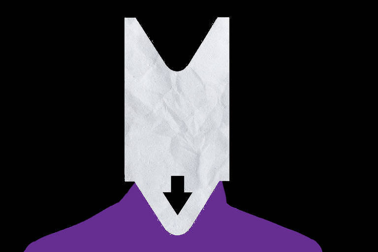 Sobre um fundo preto há uma silhueta de um dorso violeta e no lugar da cabeça um papel de turno branco