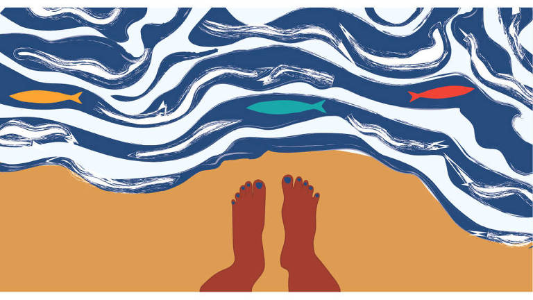 Ilustração de dois pés na areia, à beira-mar, à sua frente está o mar com espuma e três peixes coloridos, um amarelo, um verde-claro e um vermelho
