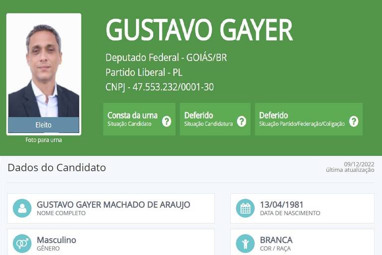 Ficha da candidatura de Gustavo Gayer de 2022 no site do TSE