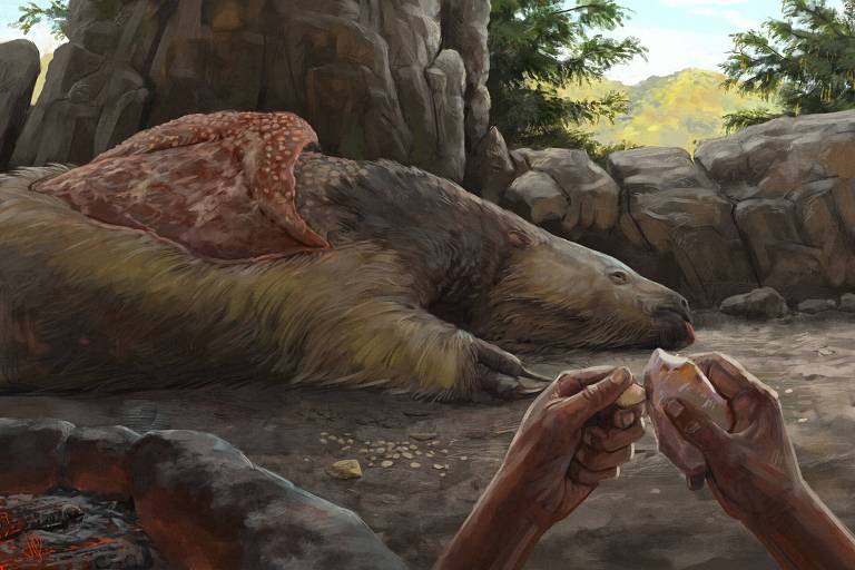 Concepção artística de como teria sido o homem pré-histórico fazendo adornos corporais com ossos de uma preguiça-gigante, durante a Era do Gelo em Mato Grosso