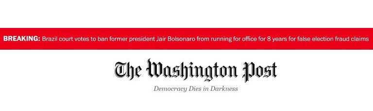 Alerta de notícia de última hora em vermelho, acima do logotipo do Washington Post