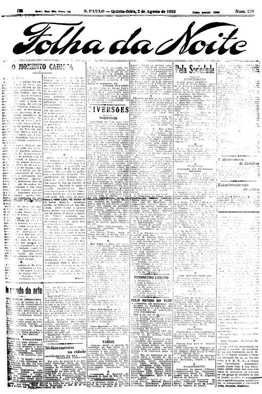Primeira Página da Folha da Noite de 2 agosto de 1923