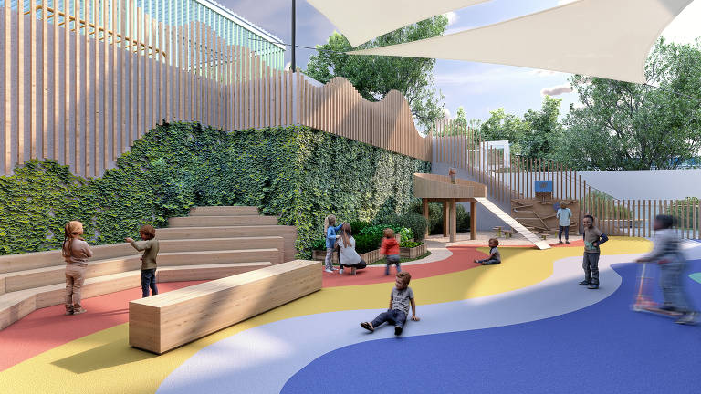 Desenho de área da Escola Eleva, que será inaugurada em São Paulo; no início, colégio terá até 300 alunos matriculados