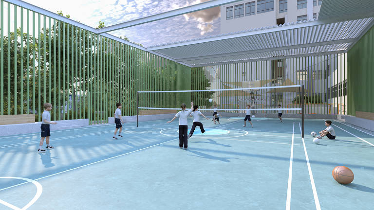 Imagem de quadra nas futuras instalações da Escola Eleva, na zona sul de São Paulo; colégio fará parceria com clube para prática esportiva