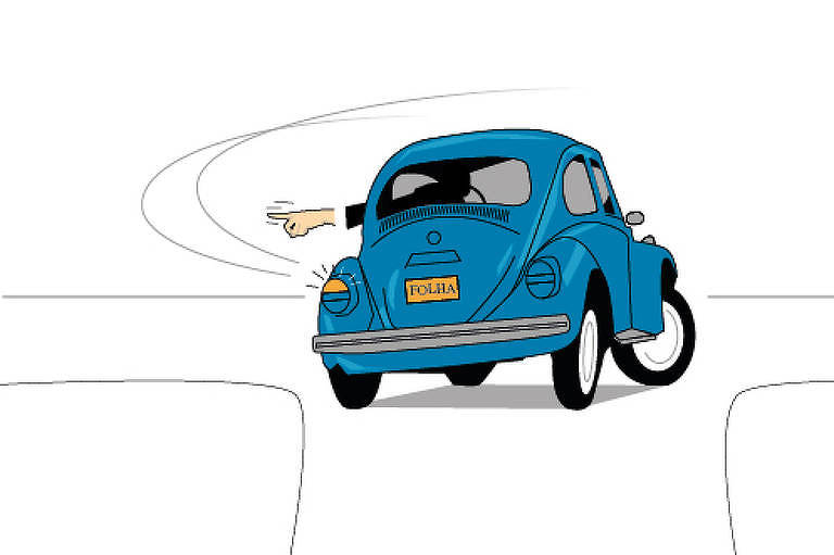 Um fusca azul visto de trás, faz uma curva fechada à direita, apesar da seta traseira assim como a mão do condutor indicarem que o carro vai entrar à esquerda. Na placa do carro lemos a palavra "Folha". O fundo é branco.