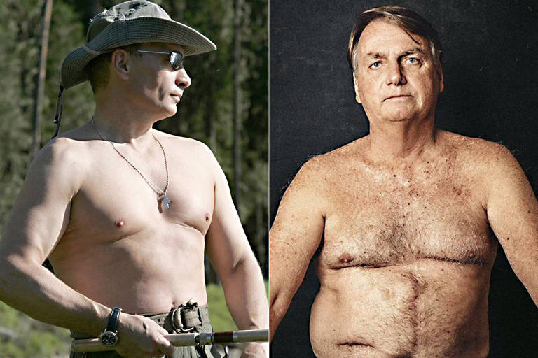 Montagem com o presidente Putin e do ex-presidente Bolsonaro em fotos em que posaram sem camisa 
