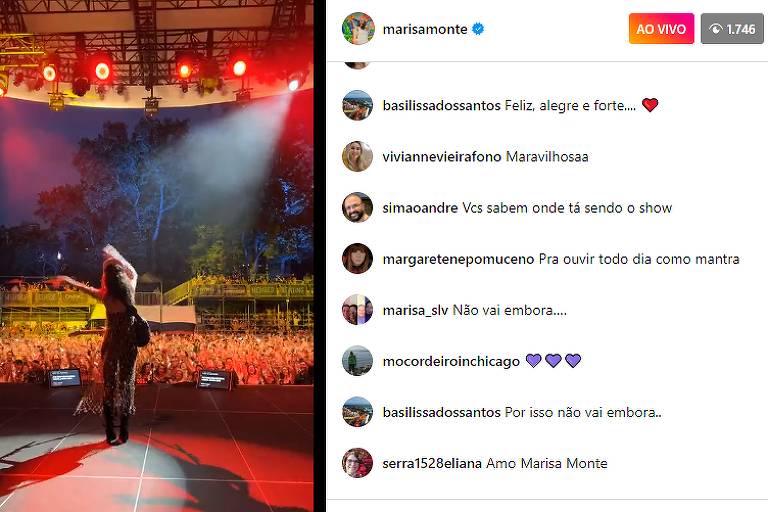 Transmissão do show de Marisa Monte no Central Park nas redes sociais da artista