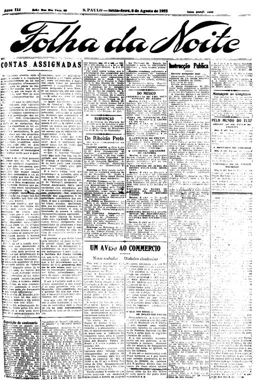 Primeira Página da Folha da Noite de 3 de agosto de 1923