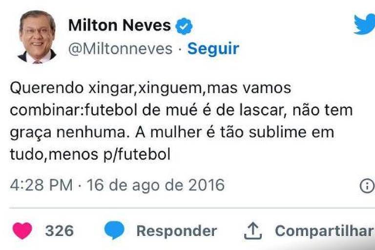 Milton Neves e o tuíte em que desancou o futebol feminino
