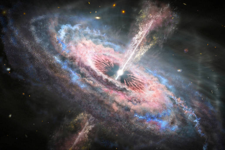 Concepção artística de uma galáxia com um núcleo ativo, ou seja, com um buraco negro supermassivo que está consumindo matéria