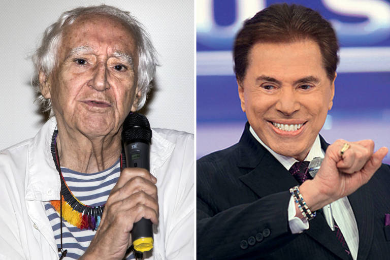 O dramaturgo Zé Celso, à esquerda, com um microfone na mão, e Silvio Santos, à direita, gesticulando enquanto apresenta um programa na TV