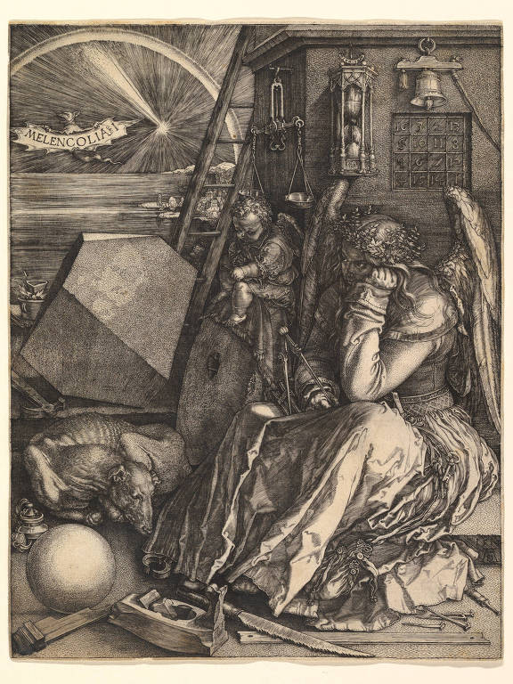 Obra 'Melancolia I' do alemão Albrecht Dürer (1514), uma mulher alada sentada com o rosto escorado sobre a mão esquerda e muitos objetos ao fundo