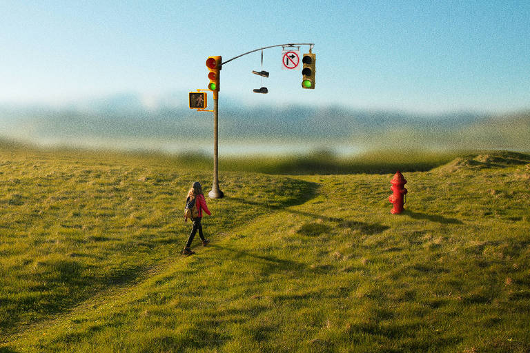 Ilustração de uma pessoa caminhando em um campo verde com um semaforo e um hidrante